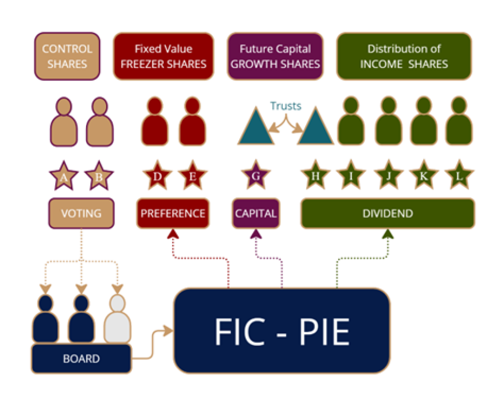 Diagram showing the share breakdown of a family investment company and how voting, preference, capital and dividend shares are split.