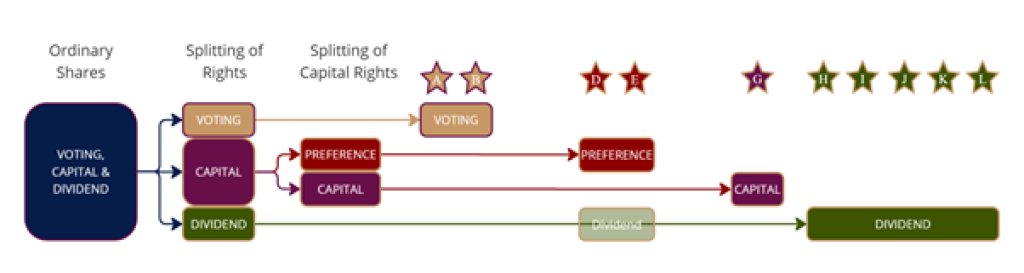 Diagram showing the division of ordinary shares in to voting, capital and dividend shares and their allocation in a family investment company.